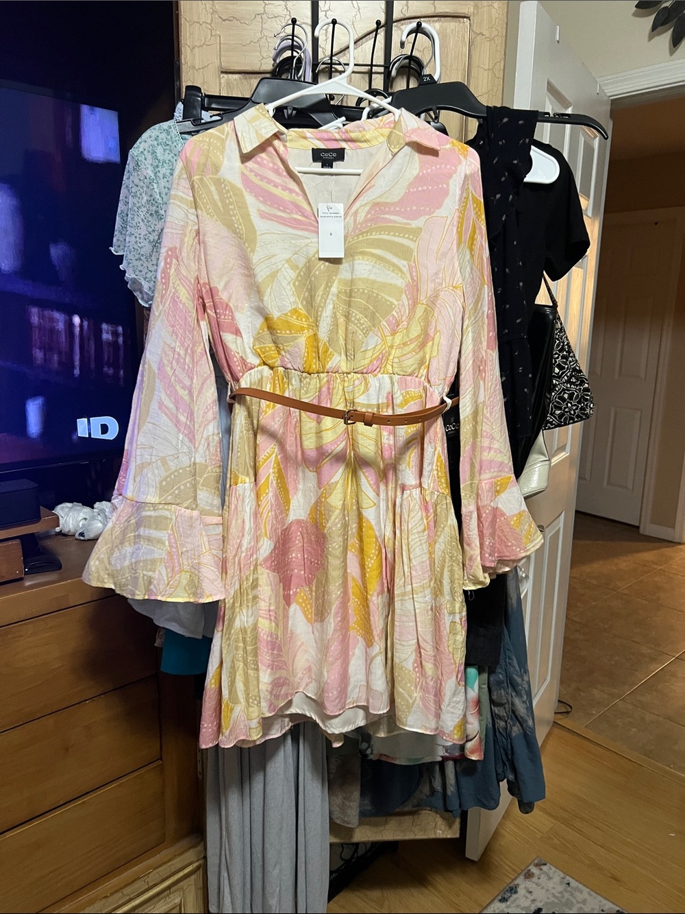 CeCe Pink, Yellow & Cream Floral Shirred-Waist Dress with Belt